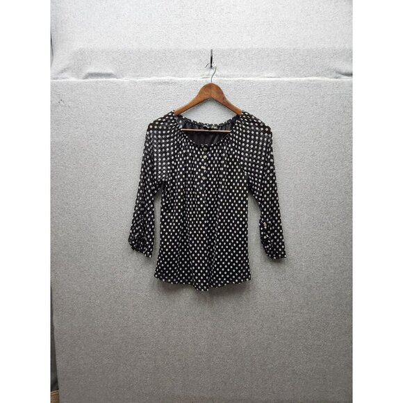 Zoey & Leela Black & White Polka Dot Sheer Blouse With Button Details 3/4 Sleeve - Picture 1 of 5